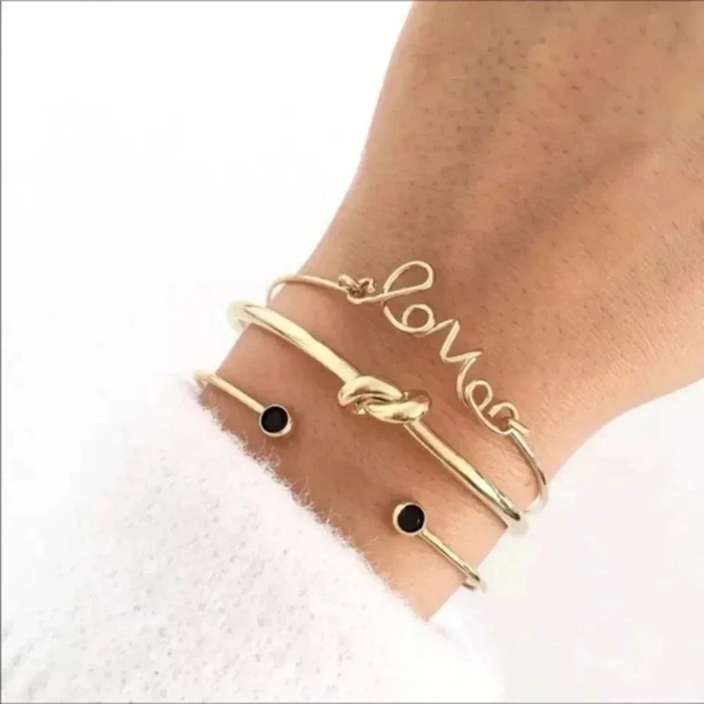 3 Dainty Gold Bangles Love Adjustable Stacking Bracelet NWT